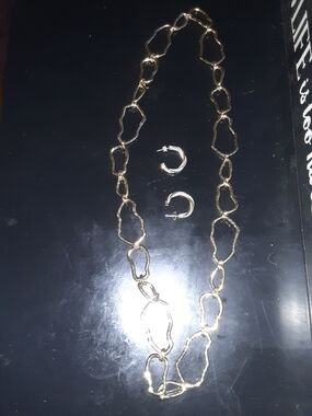 Gold Link Necklace and Hoop Earrings Set - Women Jewelry